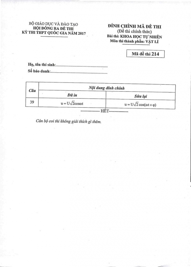 Đề và đáp án môn Vật lí mã đề 214 thi THPT quốc gia năm 2017 - đáp án của bộ GD-ĐT