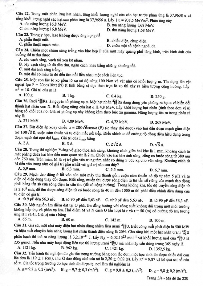 Đề và đáp án môn Vật lí mã đề 220 thi THPT quốc gia năm 2017 - đáp án của bộ GD-ĐT