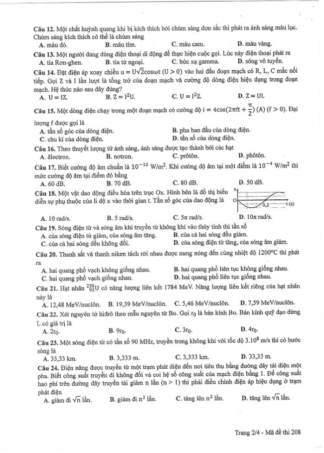 Đề và đáp án môn Vật lí mã đề 208 thi THPT quốc gia năm 2017 - đáp án của bộ GD-ĐT