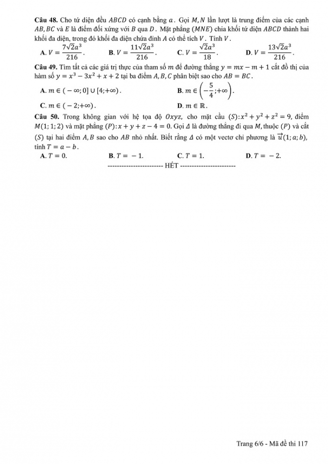 Đề và đáp án môn Toán mã đề 117 thi THPT quốc gia năm 2017 - đáp án của bộ GD-ĐT