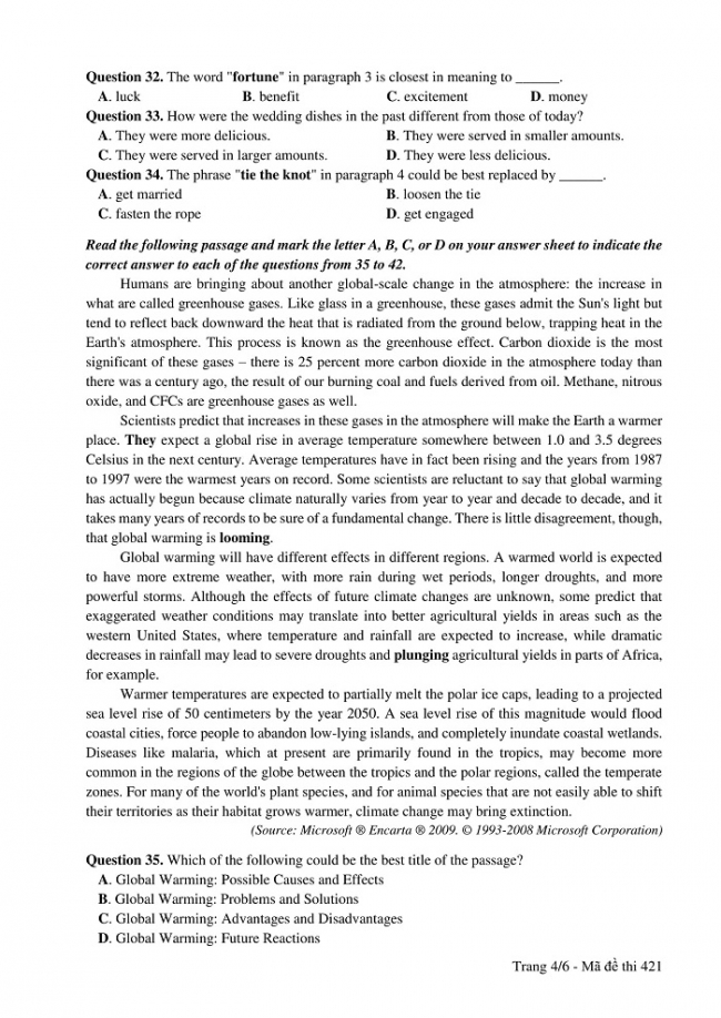 Đề và đáp án môn Tiếng Anh mã đề 421 thi THPT quốc gia năm 2017 - đáp án của bộ GD-ĐT
