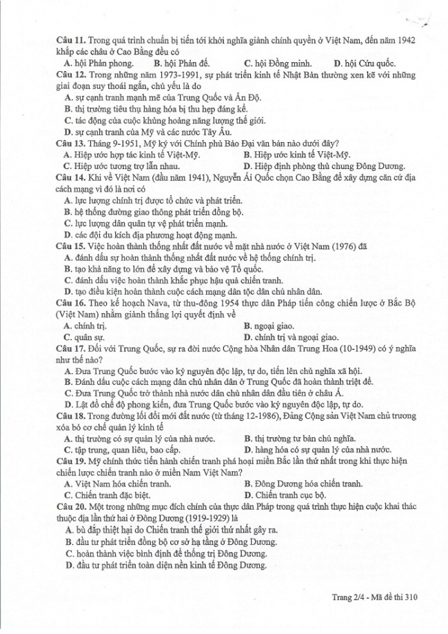 Đề và đáp án môn Sử mã đề 310 thi THPTQG 2017 – đáp án của bộ GD-ĐT