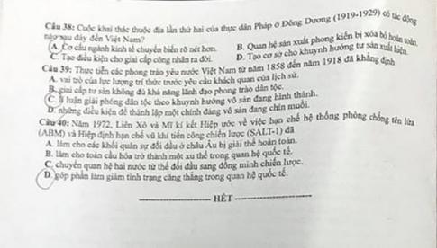 Thi THPQG 2020: Đề thi và đáp án môn Lịch sử mã đề 321