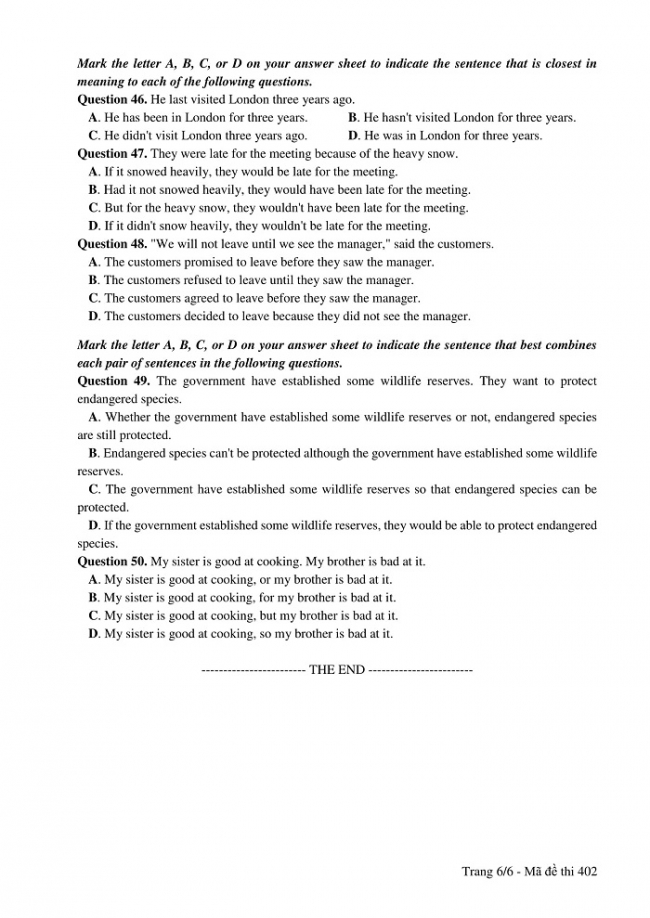 Đề và đáp án môn Tiếng Anh mã đề 402 thi THPT quốc gia năm 2017 - đáp án của bộ GD-ĐT