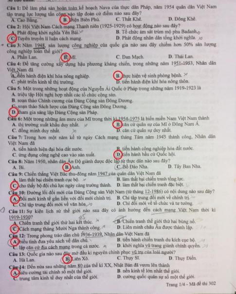 Thi THPQG 2020: Đề thi và đáp án môn Lịch sử mã đề 302