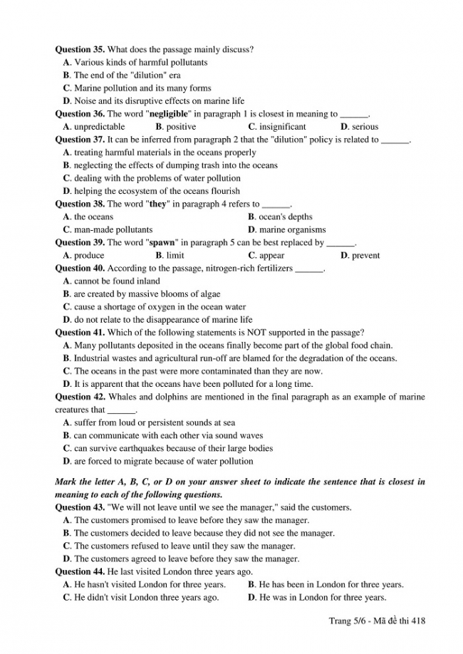 Đề và đáp án môn Tiếng Anh mã đề 418 thi THPT quốc gia năm 2017 - đáp án của bộ GD-ĐT