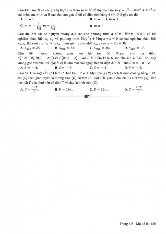 Đề và đáp án môn Toán mã đề 120 thi THPT quốc gia năm 2017 - đáp án của bộ GD-ĐT