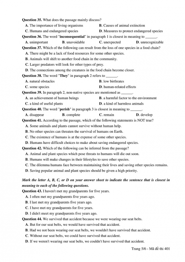 Đề và đáp án môn Tiếng Anh mã đề 401 thi THPT quốc gia năm 2017 - đáp án của bộ GD-ĐT