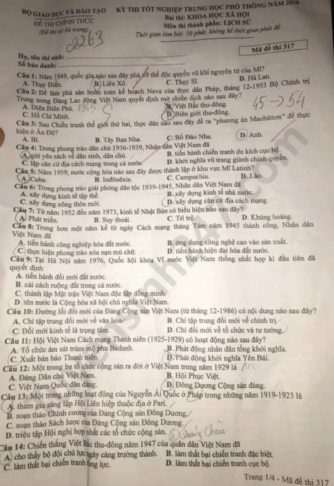 Thi THPQG 2020: Đề thi và đáp án môn Lịch sử mã đề 317