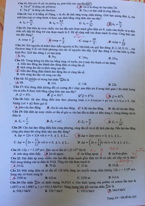 Thi THPTQG 2020: Đề thi và đáp án môn Vật lý mã đề 203