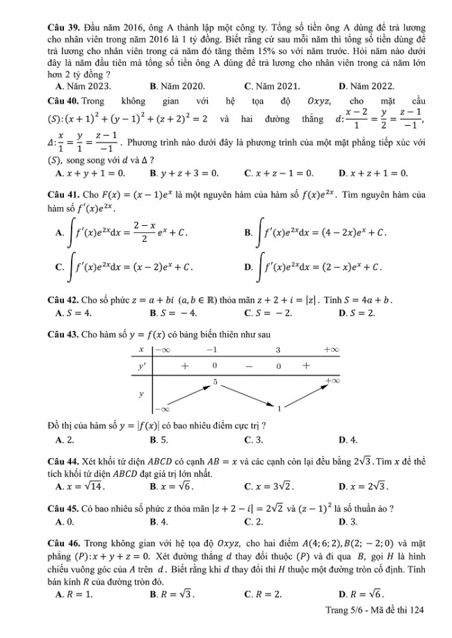 Đề và đáp án môn Toán mã đề 124 thi THPT quốc gia năm 2017 - đáp án của bộ GD-ĐT