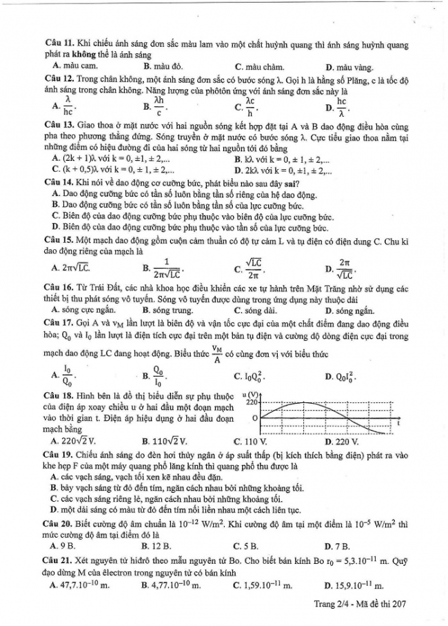 Đề và đáp án môn Vật lí mã đề 207 thi THPT quốc gia năm 2017 - đáp án của bộ GD-ĐT