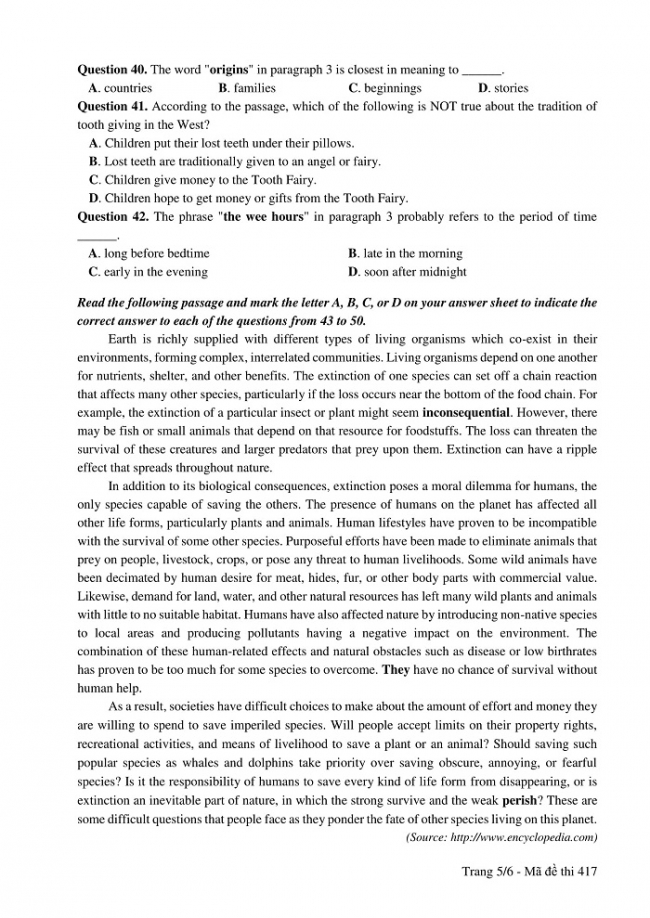 Đề và đáp án môn Tiếng Anh mã đề 417 thi THPT quốc gia năm 2017 - đáp án của bộ GD-ĐT