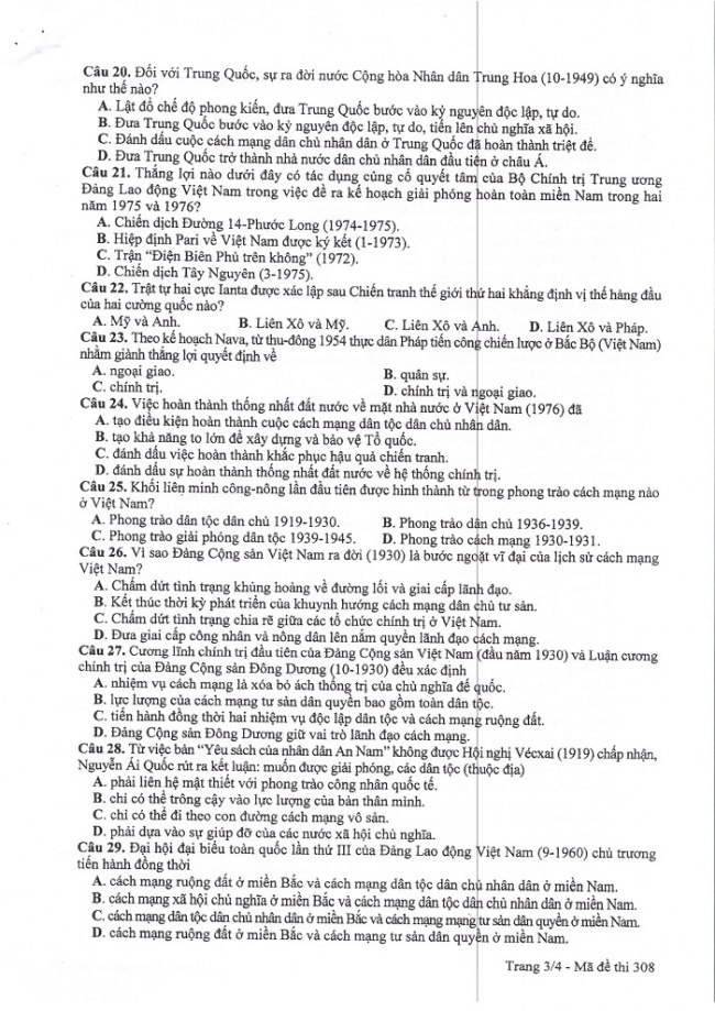Đề và đáp án môn Sử mã đề 308 thi THPTQG 2017 – đáp án của bộ GD-ĐT