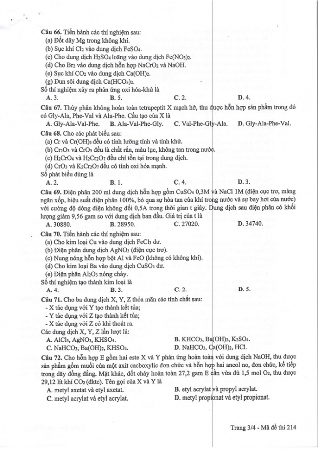 Đề và đáp án môn Hóa học mã đề 214 thi THPT quốc gia năm 2017 - đáp án của bộ GD-ĐT