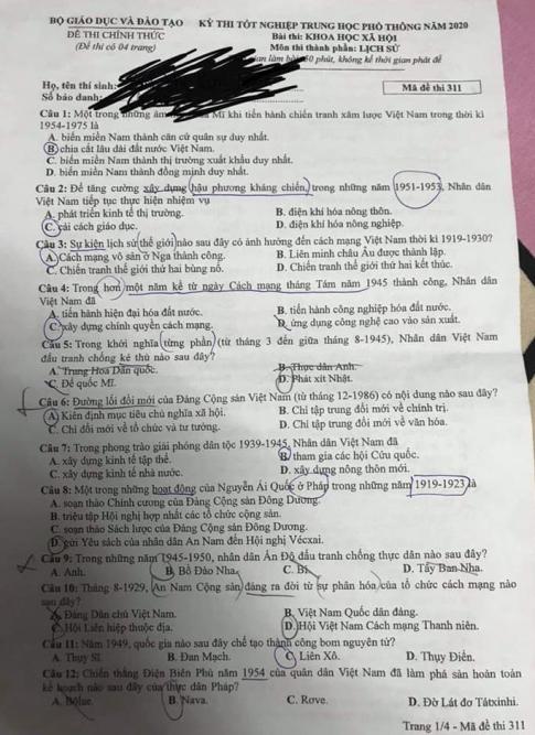 Thi THPQG 2020: Đề thi và đáp án môn Lịch sử mã đề 311