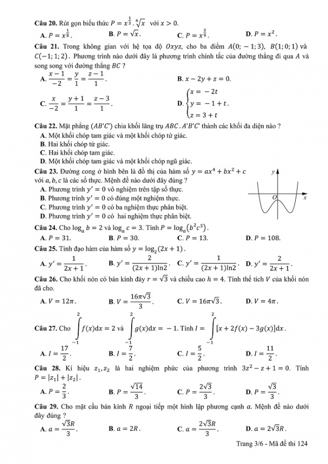 Đề và đáp án môn Toán mã đề 124 thi THPT quốc gia năm 2017 - đáp án của bộ GD-ĐT