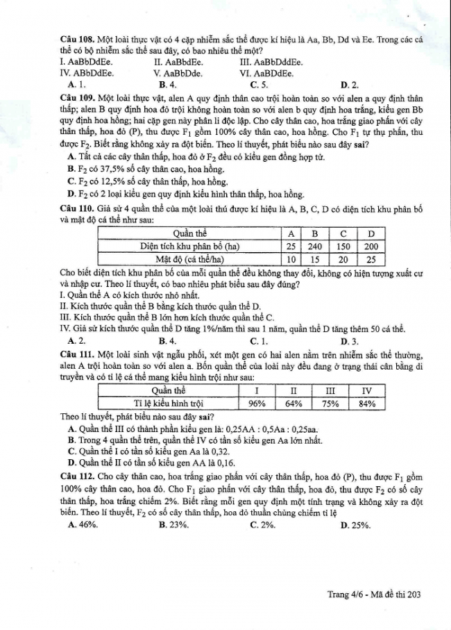 Đề và đáp án môn Sinh học mã đề 203 thi THPT quốc gia năm 2017 - đáp án của bộ GD-ĐT