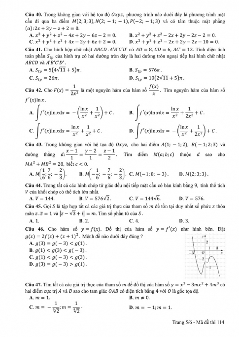 Đề và đáp án môn Toán mã đề 114 thi THPT quốc gia năm 2017 - đáp án của bộ GD-ĐT