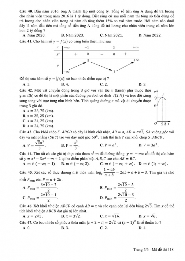 Đề và đáp án môn Toán mã đề 118 thi THPT quốc gia năm 2017 - đáp án của bộ GD-ĐT