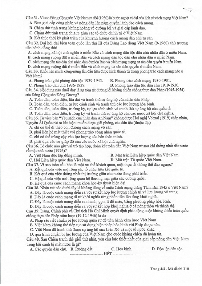 Đề và đáp án môn Sử mã đề 310 thi THPTQG 2017 – đáp án của bộ GD-ĐT