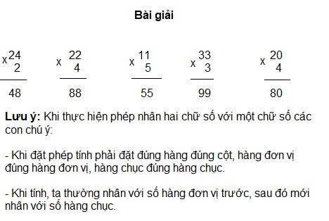 Giải câu 1 bài nhân số có hai chữ số với số có một chữ số (không nhớ)