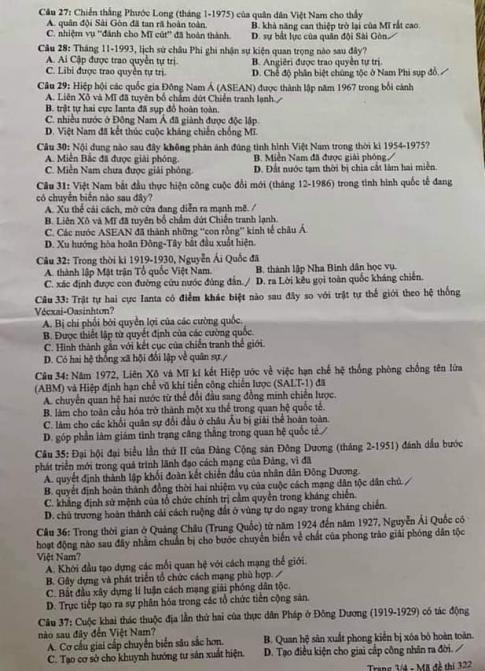 Thi THPQG 2020: Đề thi và đáp án môn Lịch sử mã đề 322