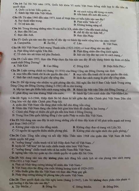 Thi THPQG 2020: Đề thi và đáp án môn Lịch sử mã đề 322