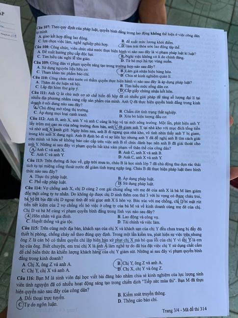 Thi THPQG 2020: Đề thi và đáp án môn GDCD mã đề 314