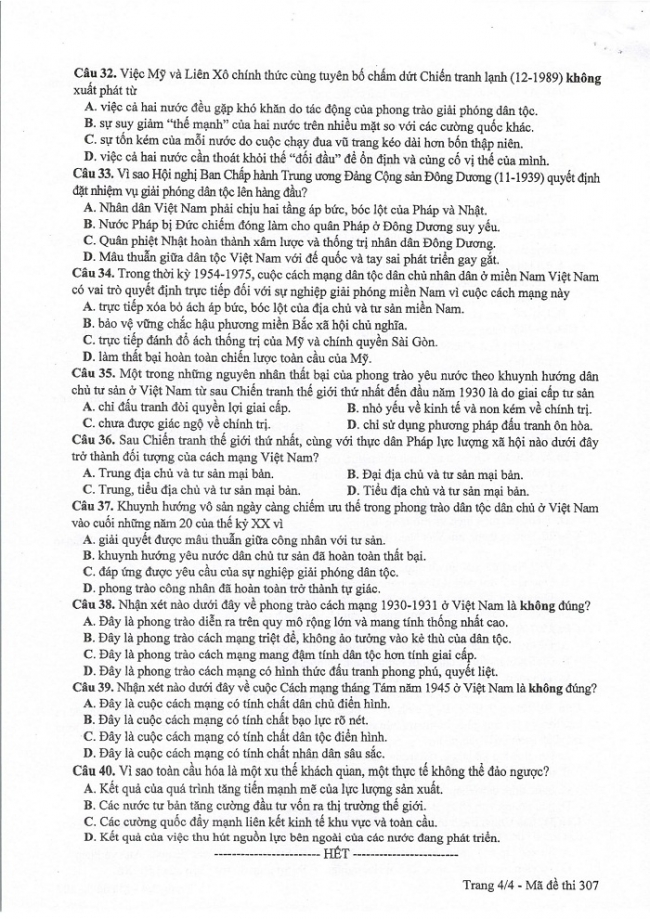 Đề và đáp án môn Sử mã đề 307 thi THPTQG 2017 – đáp án của bộ GD-ĐT
