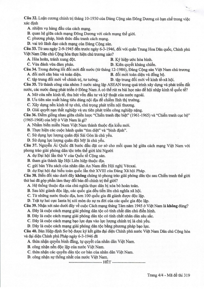 Đề và đáp án môn Sử mã đề 319 thi THPTQG 2017 – đáp án của bộ GD-ĐT