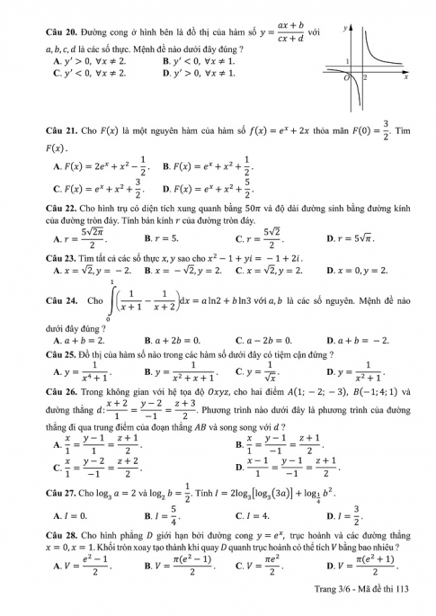 Đề và đáp án môn Toán mã đề 113 thi THPT quốc gia năm 2017 - đáp án của bộ GD-ĐT
