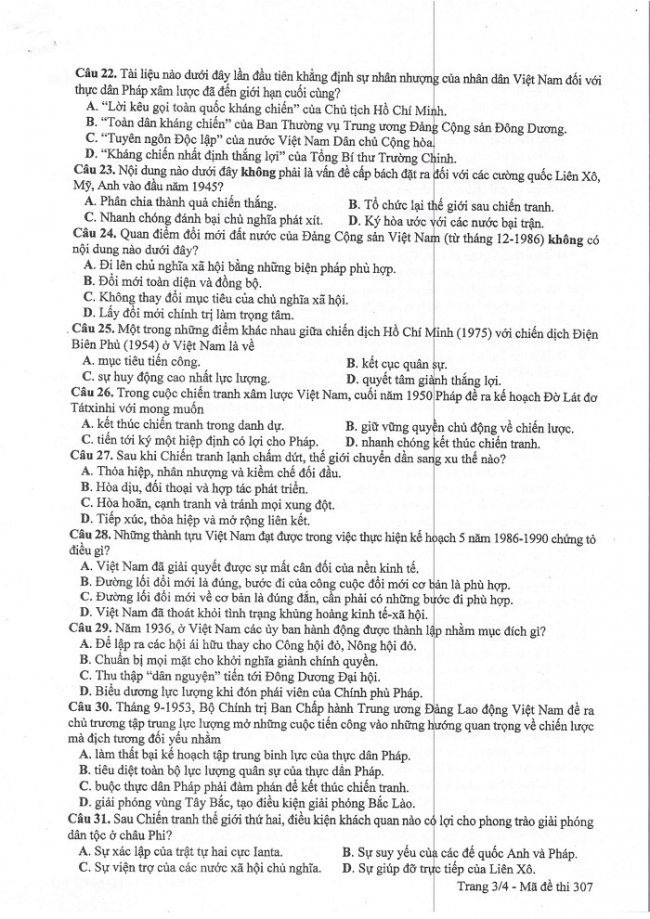 Đề và đáp án môn Sử mã đề 307 thi THPTQG 2017 – đáp án của bộ GD-ĐT