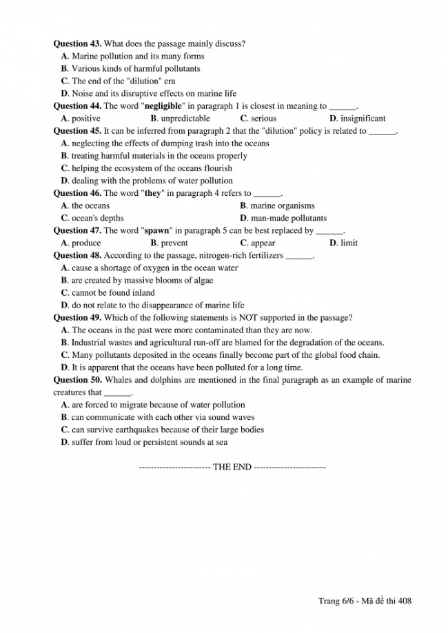 Đề và đáp án môn Tiếng Anh mã đề 408 thi THPT quốc gia năm 2017 - đáp án của bộ GD-ĐT