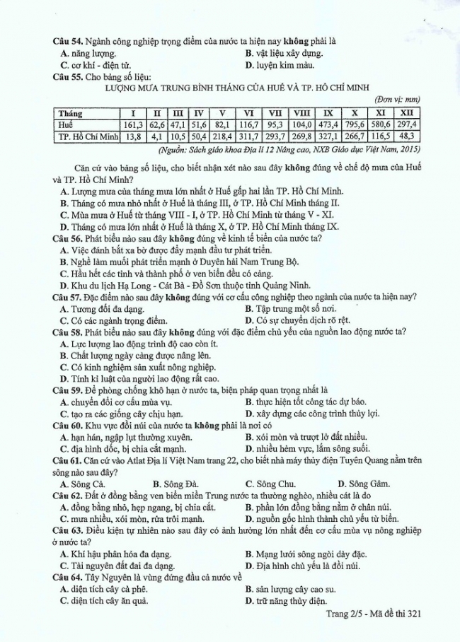 Đề và đáp án môn Địa mã đề 321 thi THPTQG 2017 – đáp án của bộ GD-ĐT