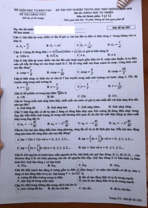Thi THPTQG 2020: Đề thi và đáp án môn Vật lý mã đề 205