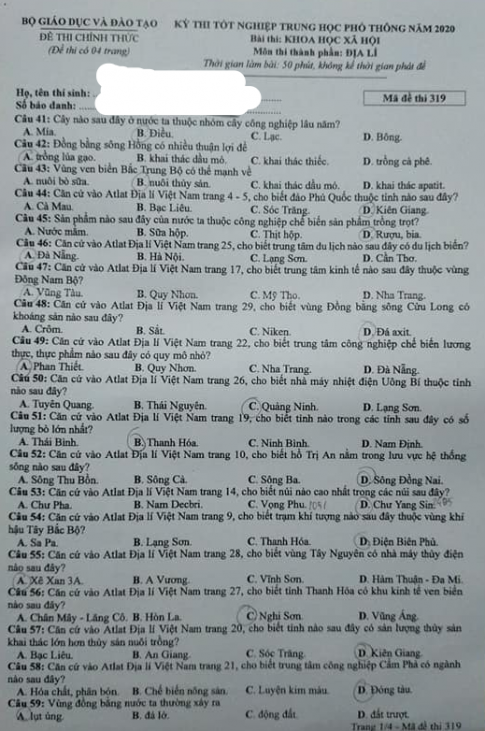 Thi THPQG 2020: Đề thi và đáp án môn Địa lí mã đề 319
