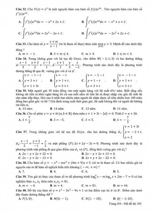 Đề và đáp án môn Toán mã đề 101 thi THPT quốc gia năm 2017 - đáp án của bộ GD-ĐT