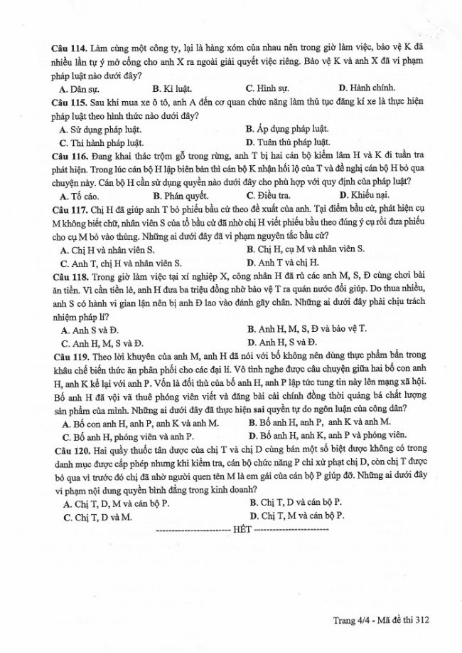 Đề và đáp án môn Công dân mã đề 312 thi THPTQG 2017 – đáp án của bộ GD-ĐT
