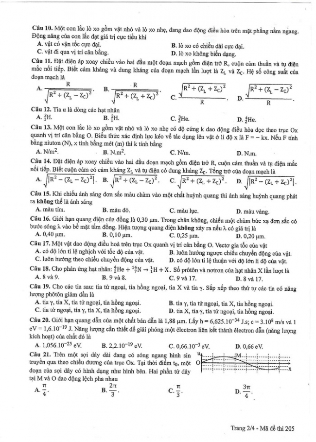 Đề và đáp án môn Vật lí mã đề 205 thi THPT quốc gia năm 2017 - đáp án của bộ GD-ĐT