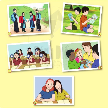 Quan sát các bức tranh dưới đây và cho biết: Các bạn nhỏ đang làm gì? Vẻ mặt của các bạn thế nào?