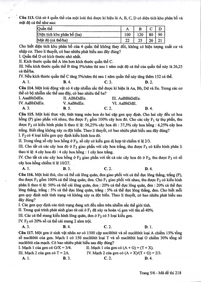 Đề và đáp án môn Sinh học mã đề 218 thi THPT quốc gia năm 2017 - đáp án của bộ GD-ĐT