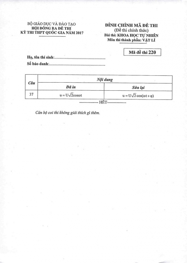Đề và đáp án môn Vật lí mã đề 220 thi THPT quốc gia năm 2017 - đáp án của bộ GD-ĐT