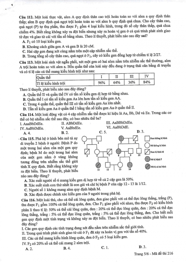 Đề và đáp án môn Sinh học mã đề 216 thi THPT quốc gia năm 2017 - đáp án của bộ GD-ĐT