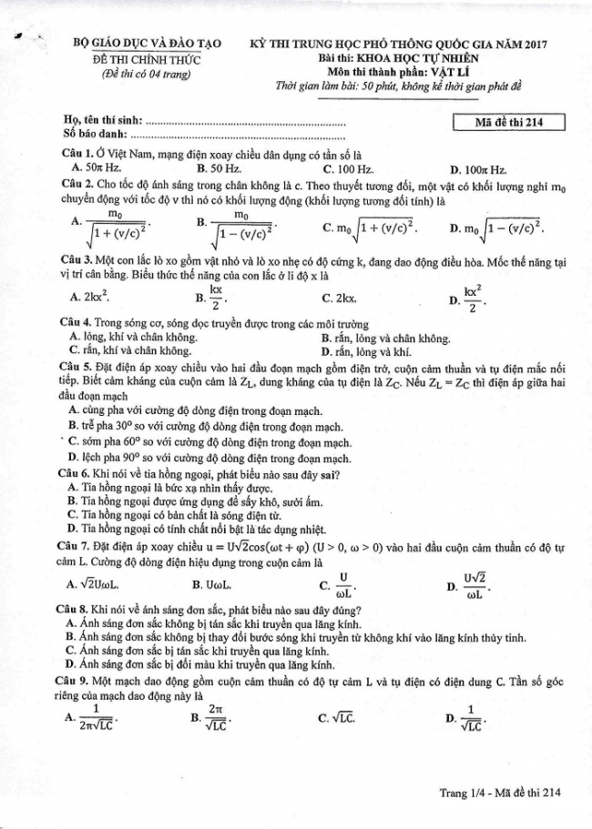 Đề và đáp án môn Vật lí mã đề 214 thi THPT quốc gia năm 2017 - đáp án của bộ GD-ĐT