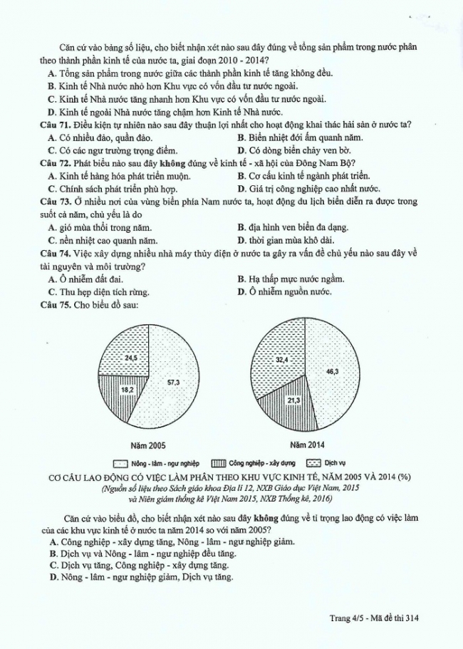 Đề và đáp án môn Địa mã đề 314 thi THPTQG 2017 – đáp án của bộ GD-ĐT
