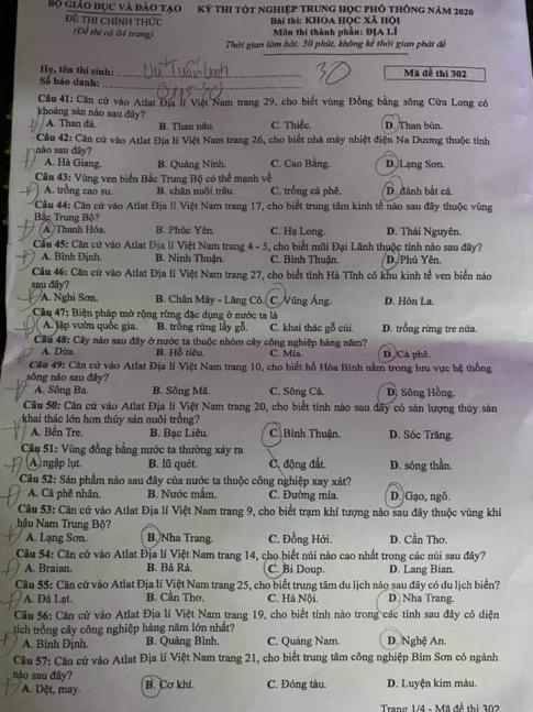 Thi THPQG 2020: Đề thi và đáp án môn Địa lí mã đề 302