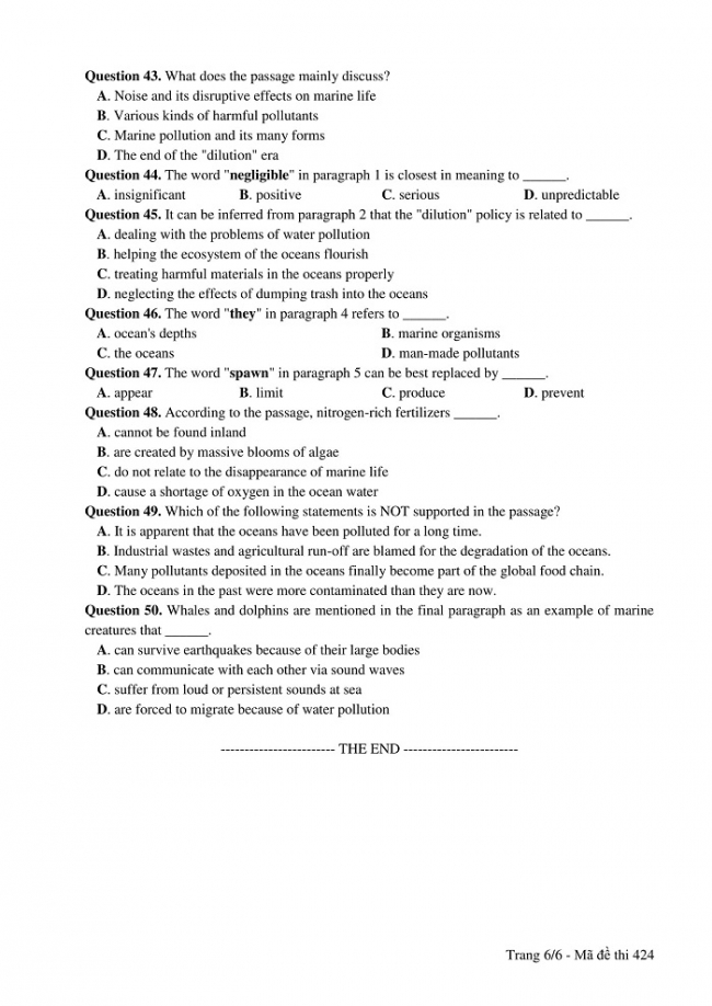 Đề và đáp án môn Tiếng Anh mã đề 424 thi THPT quốc gia năm 2017 - đáp án của bộ GD-ĐT