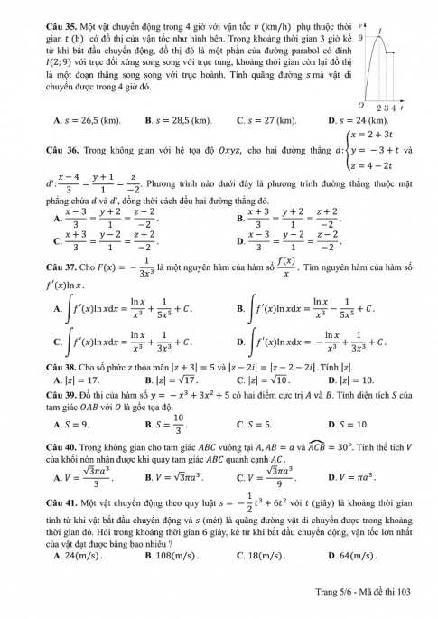 Đề và đáp án môn Toán mã đề 103 thi THPT quốc gia năm 2017 - đáp án của bộ GD-ĐT