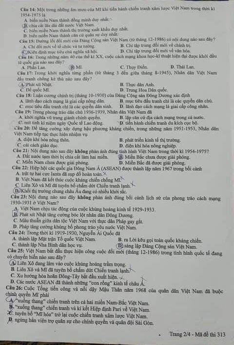 Thi THPQG 2020: Đề thi và đáp án môn Lịch sử mã đề 313